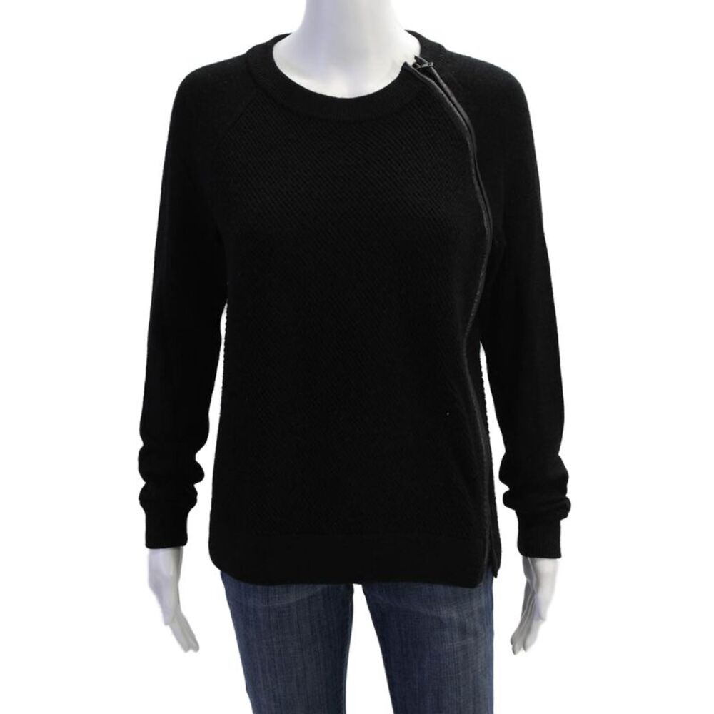 Vince Womens Wool Leather Trim Zip Front Long Sleeve Sweater Top Black Size XS